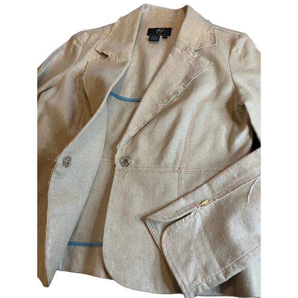 True Meaning Women’s Blazer Sz 12 Shimmery Gold Linen Blend Raw Hem Jacket - Picture 5 of 9
